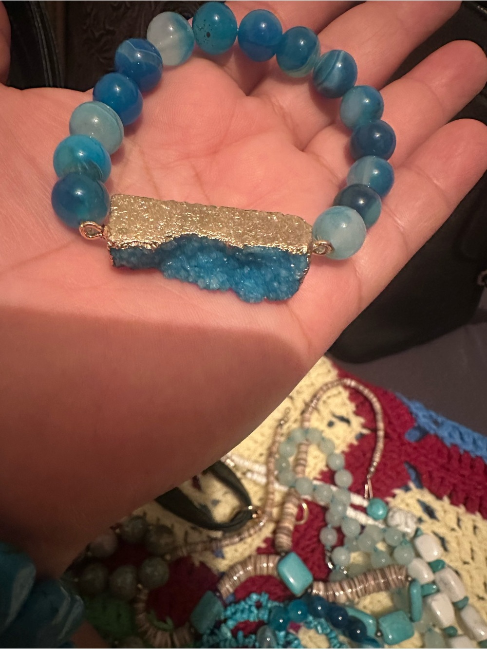 Blue Druzy Agate Bead Stretch Bracelet - Women Jewelry